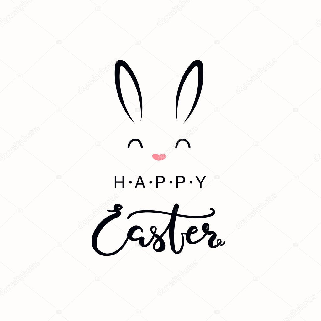 Hand written calligraphic lettering quote Happy Easter with bunny face isolated on white background. Hand drawn vector illustration. Design concept card