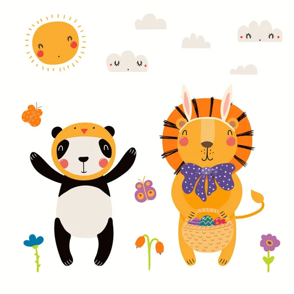 Ilustración Vectorial Dibujada Mano Lindo León Orejas Conejo Panda Traje — Vector de stock