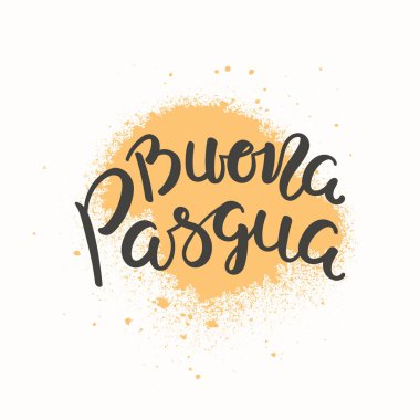 El kaligrafi yazı alıntı Mutlu Paskalya İtalyanca olarak boya sıçrama ile beyaz arka plan üzerinde yazılı. El vektör çizim çekilmiş. Tasarım kavramı kartı