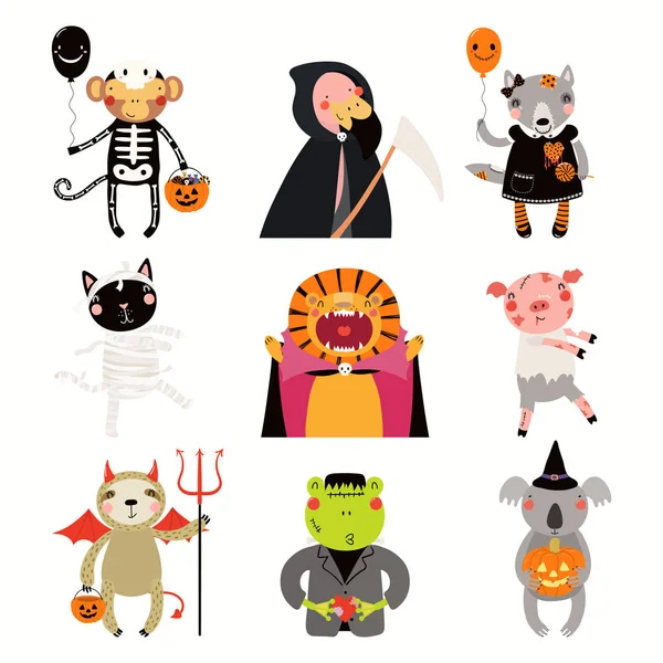 Big Halloween Set Con Simpatici Animali Costume Con Caramelle Zucche — Vettoriale Stock