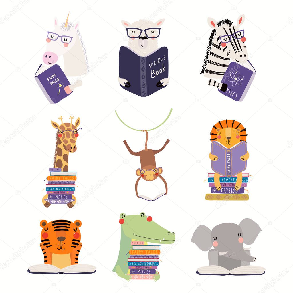 Big set with cute animals reading books isolated on white background. Scandinavian style flat design. Concept for kids print