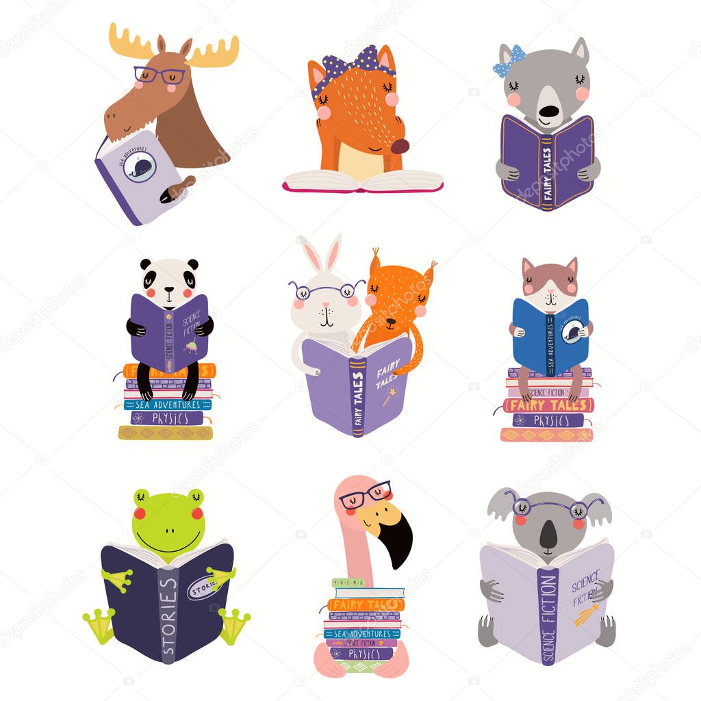 Big set with cute animals reading books isolated on white background. Scandinavian style flat design. Concept for kids print