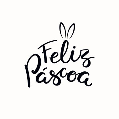 Yazı alıntı Portekizce Happy Easter bunny ile beyaz arka plan üzerinde izole kulaklar. El vektör çizim çekilmiş. Tasarım kavramı kartı