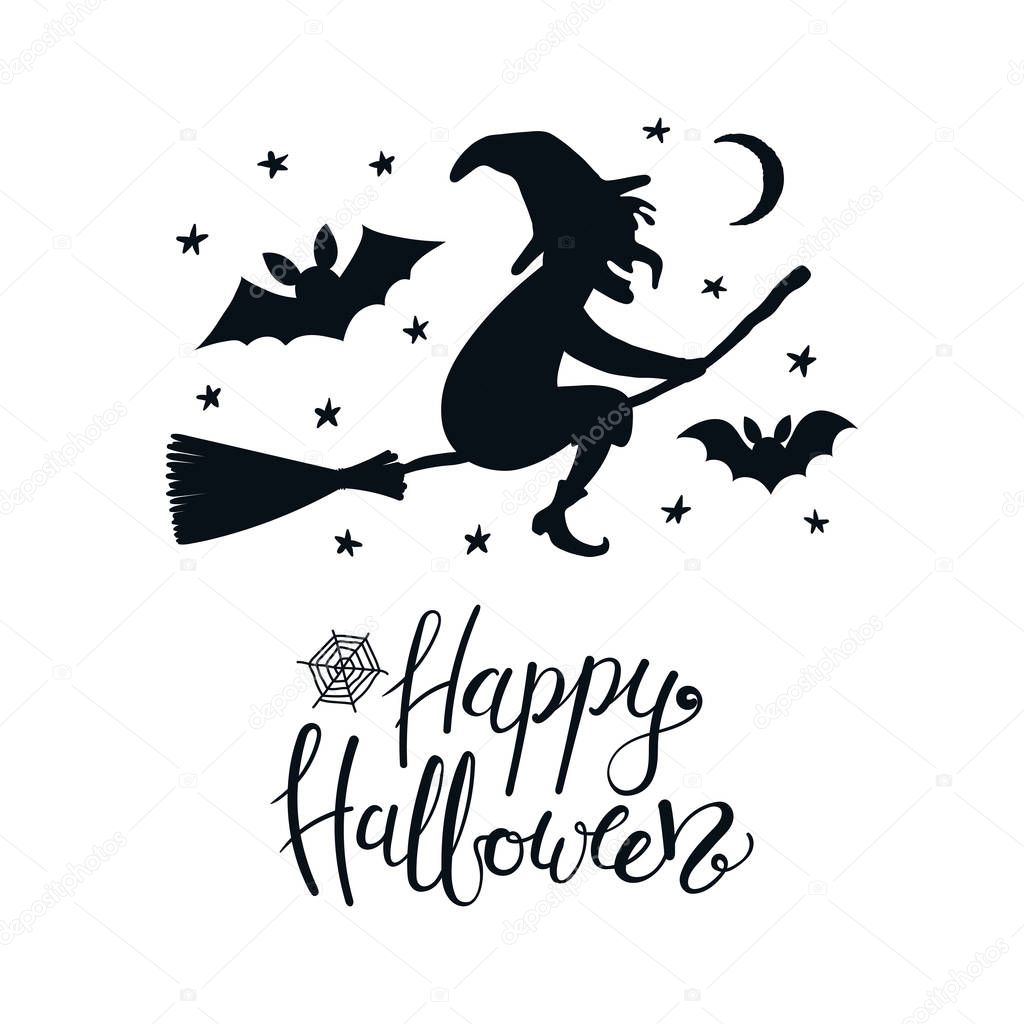 Hand drawn vector illustration of witch on broomstick in night sky with lettering quote Happy Halloween, Concept for card and kids print 