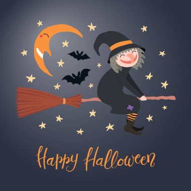 El süpürge sopası ve ay, gece gökyüzünde uçan cadı alıntı Cadılar Bayramın kutlu olsun yazı vektör çizim çekilmiş. Düz stil tasarım