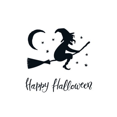 El beyaz arka plan üzerinde mutlu Halloween izole alıntı yazı ile gece gökyüzünde süpürge cadı vektör çizim çizilmiş. Düz stil tasarım 