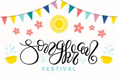 El vektör çizim Songkran Festivali sıçramasına su öğelerle ve çiçek izole üzerinde beyaz arka plan yazı ile çekilmiş. Vektör çizim. Tasarım konsepti Tay Yeni yıl kutlamaları için.