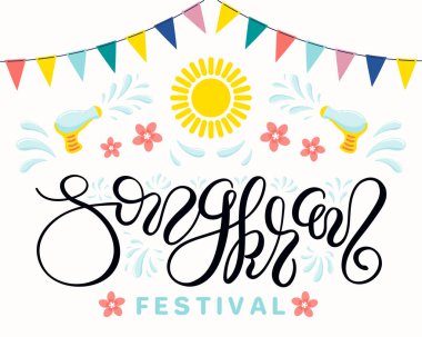 El vektör çizim Songkran Festivali sıçramasına su öğelerle ve çiçek izole üzerinde beyaz arka plan yazı ile çekilmiş. Vektör çizim. Tasarım konsepti Tay Yeni yıl kutlamaları için.