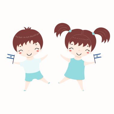 Elle çizilmiş vektör çizim kawaii çocuk beyaz arka plan üzerinde izole bayraklı. Konsept tatil afiş için İsrail Bağımsızlık günü