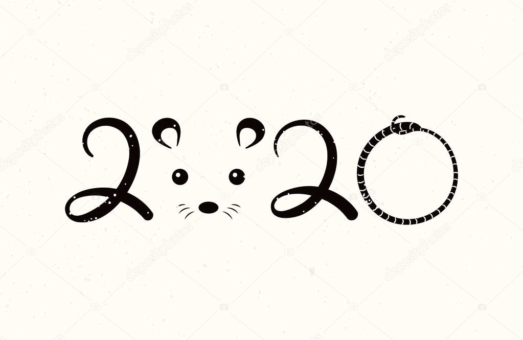 2020 Chinese New Year greeting card with numbers and rat face with rat tail. Concept holiday banner
