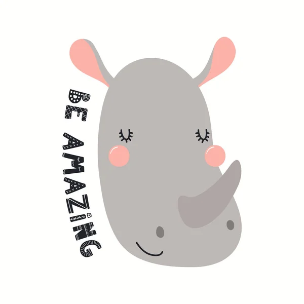 Wektor Ilustracja Twarzy Ładny Zabawny Rhino Napisem Cytat Być Niesamowite — Wektor stockowy