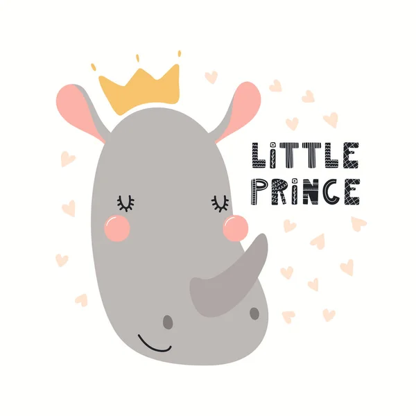 Векторная Иллюстрация Милого Смешного Носорога Короне Надписью Маленький Принц Изолирован — стоковый вектор