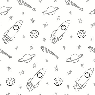 El sorunsuz alanı desenle roketler ve gezegenler yıldız ile beyaz zemin üzerine çekilmiş. Vektör çizim. Çocuk Tekstil baskı için kavram