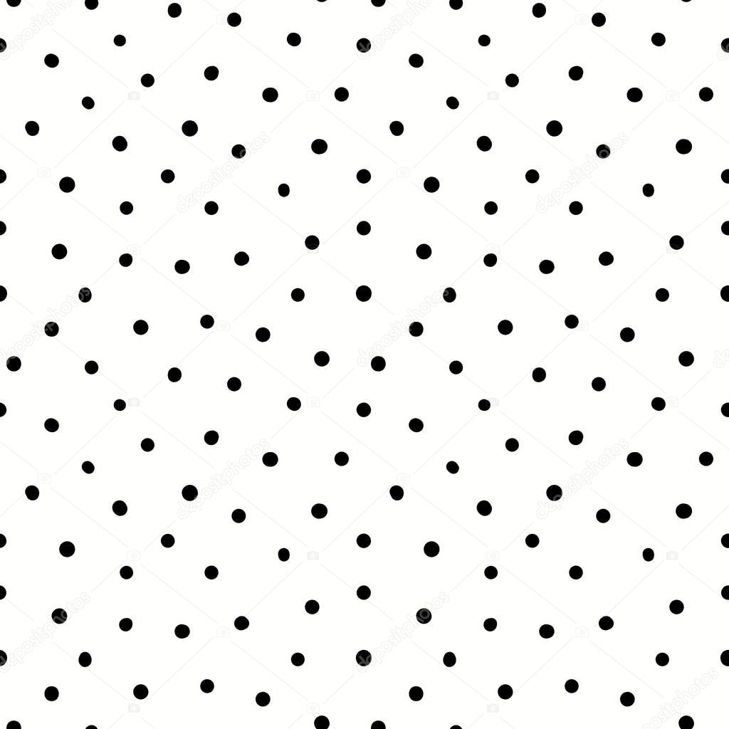 Hand drawn seamless pattern with black polka dots on white background. Vector illustration. Concept for children textile print