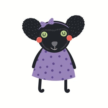 Beyaz arka plan üzerinde izole elbiseli bir şirin komik indri kız elle çizilmiş vektör çizim. İskandinav tarzı düz tasarım. Çocuklar baskı için kavramı.