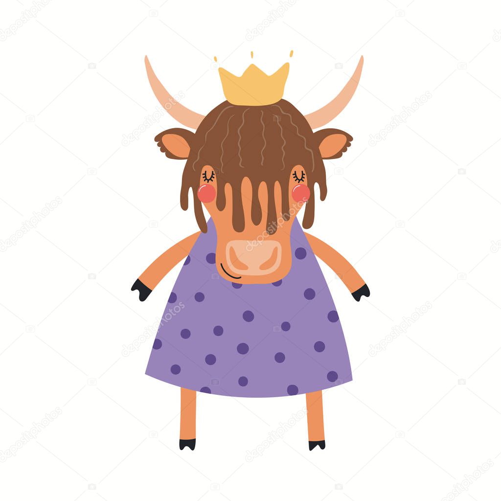 Hand drawn vector illustration of a cute funny yak girl in dress isolated on white background. Scandinavian style flat design. Concept for children print.