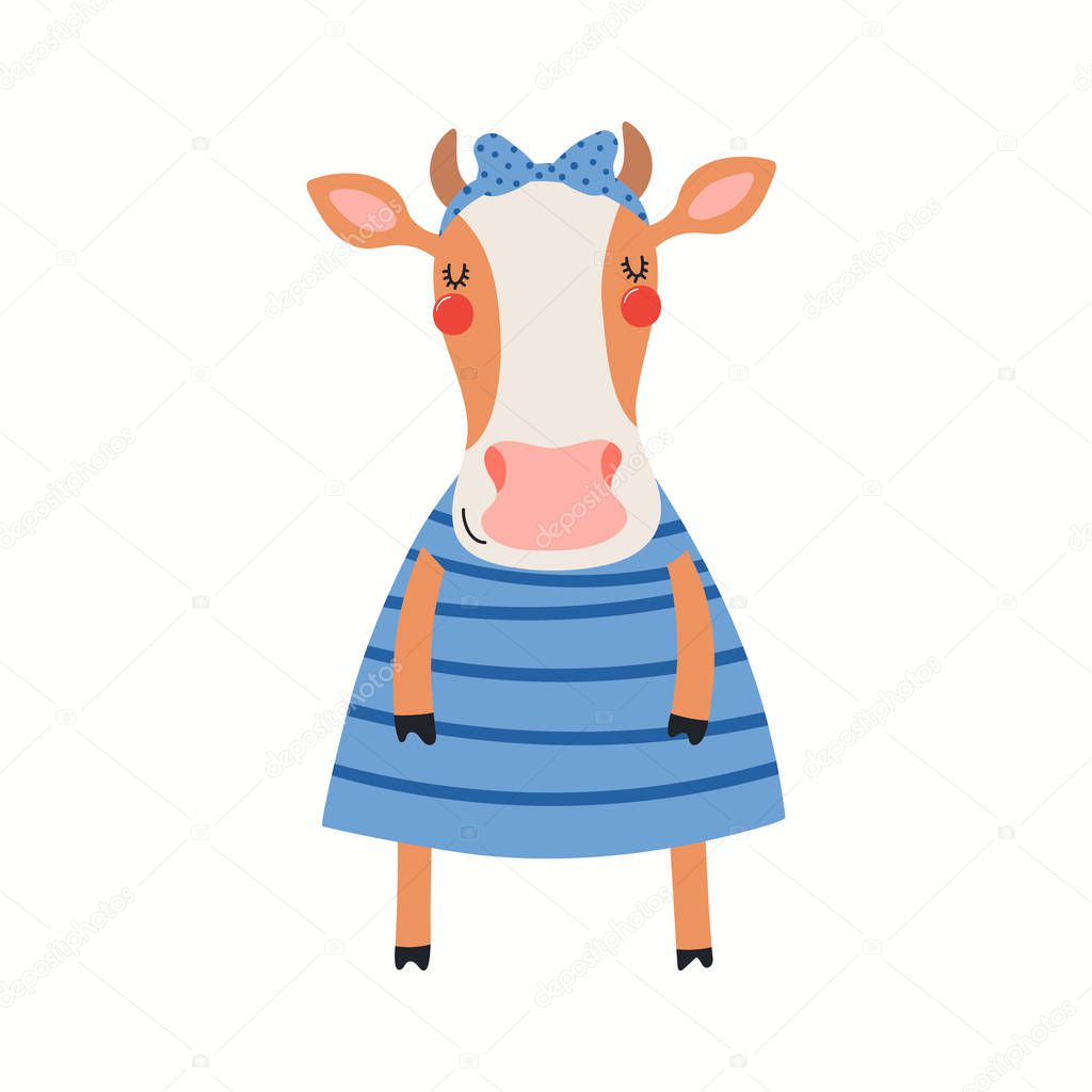 Hand drawn vector illustration of a cute funny cow girl in dress isolated on white background. Scandinavian style flat design. Concept for children print.