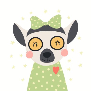 El gömlek ve şerit yıldız ile sevimli bir lemur portresi çizilir. Vektör çizim. Beyaz arka plan üzerinde izole. İskandinav tarzı düz tasarım. Çocuklar baskı için kavramı.