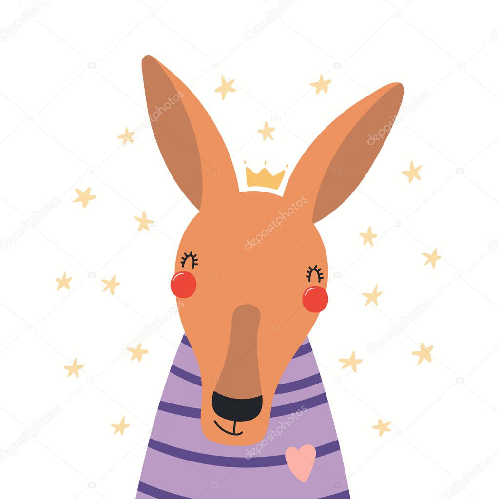 Hand drawn portrait of a cute kangaroo in shirt and crown with stars. Vector illustration. Isolated on white background. Scandinavian style flat design. Concept for children print.