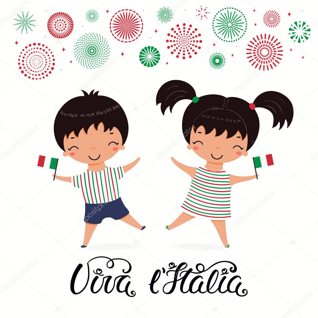 Italy Republic day card with cute children holding flags and quote Long live Italy with fireworks. Isolated on white background. Vector illustration. Design concept