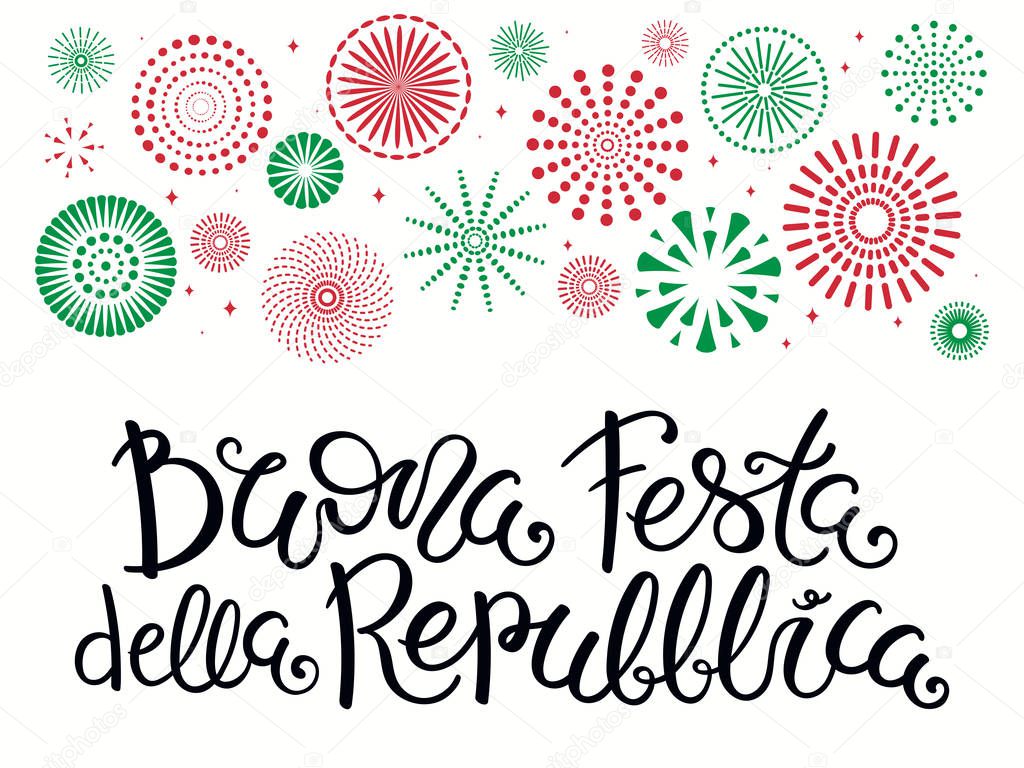 Hand written Italian lettering quote Happy Republic Day, with fireworks in Italy flag colors. Isolated on white. Vector illustration. Design for poster
