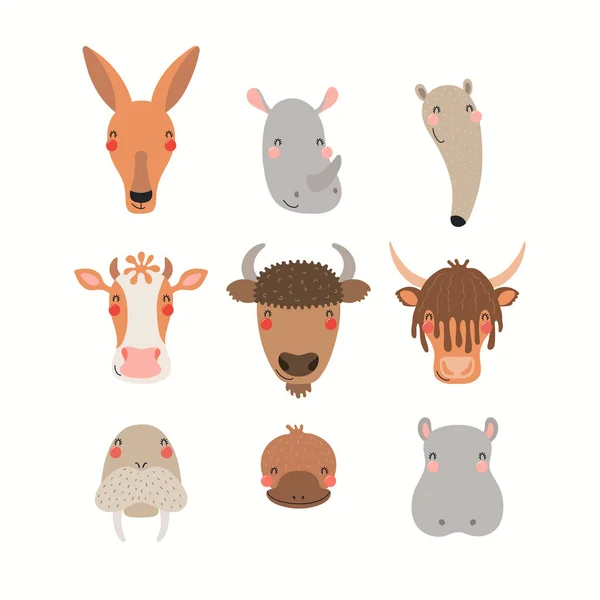 Ilustración Vectorial Dibujada Mano Con Gran Conjunto Caras Animales Divertidos — Archivo Imágenes Vectoriales