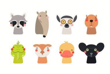 Hand drawn vector illustration with big ig set of cute funny animals faces isolated on white background. Scandinavian style flat design. Concept for children print. clipart