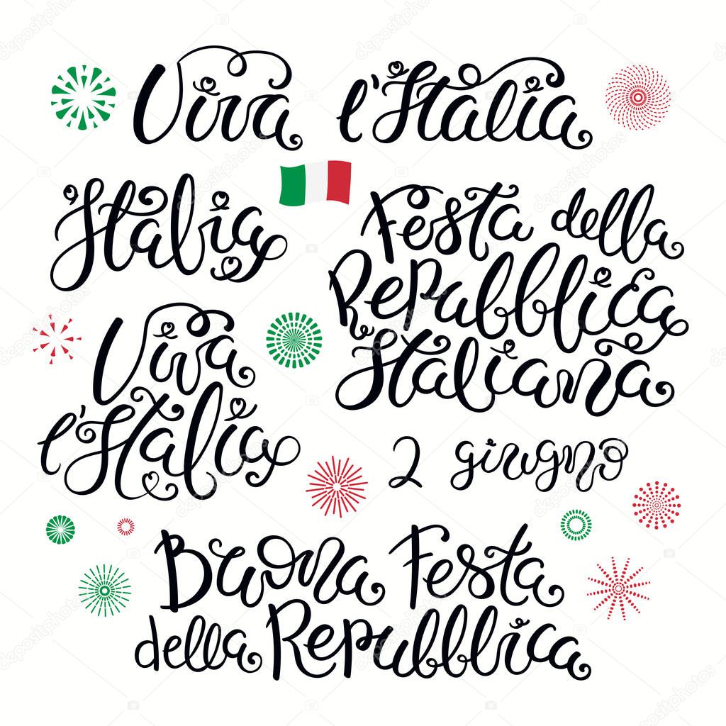 Italy Republic day card with et of Italian quotes with fireworks in flag colors Isolated on white background. Vector illustration. Design poster