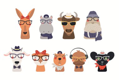 Hand drawn vector illustration with big set of cute hipster animals in hats and glasses isolated on white background. Scandinavian style flat design. Concept for children print. clipart