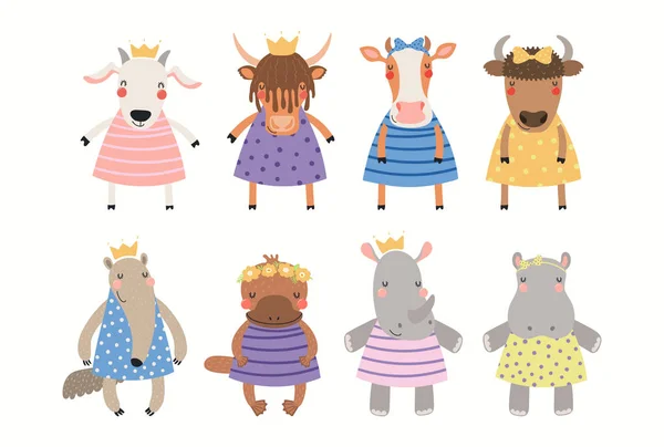 Ilustración Vectorial Dibujada Mano Con Gran Conjunto Chicas Animales Graciosas — Archivo Imágenes Vectoriales