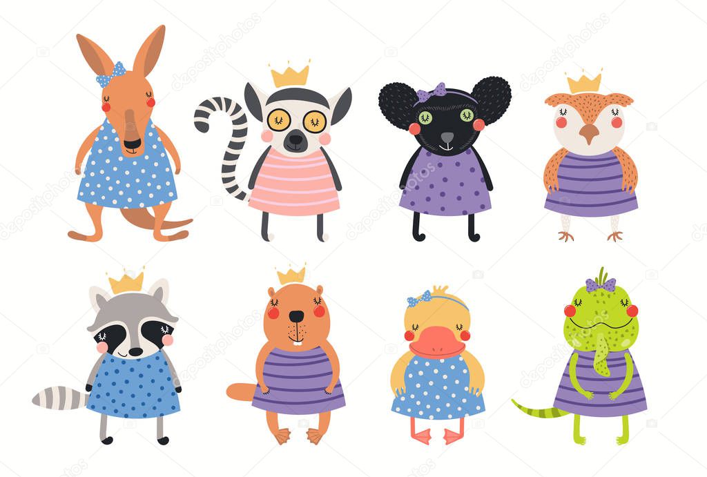 Hand drawn vector illustration with big set of cute funny animal girls in dresses isolated on white background. Scandinavian style flat design. Concept for children print.