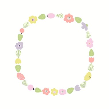 Pastel renklerde el çizilmiş çiçek çerçevesi. Vektör Illustration beyaz arka planda yalıtılmış. İskandinav tarzı düz tasarım. Çocuk baskı konsepti.