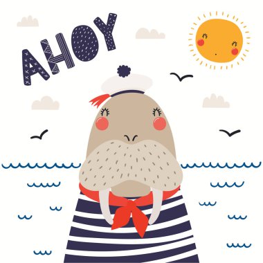 El çizilmiş vektör Illustration ile deniz dalgaları ve martılar ile sevimli bir denizciye denizci harfli alıntı Ahoy beyaz arka planda Izole. İskandinav tarzı düz tasarım. Çocuk baskı konsepti