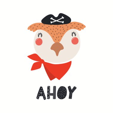 El çizilmiş vektör Illustration sevimli baykuş korsan harflerle alıntı Ahoy beyaz arka planda Izole. İskandinav tarzı düz tasarım. Çocuk baskı konsepti.