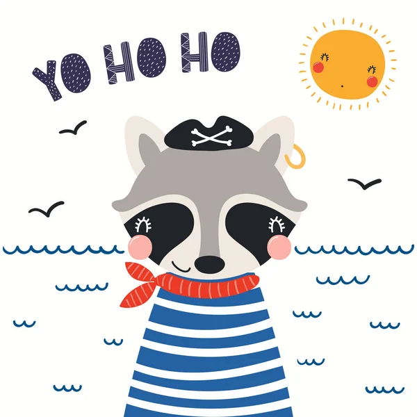 Hand Drawn Vector Illustration Cute Raccoon Pirate Sea Waves Seagulls — Stock Vector