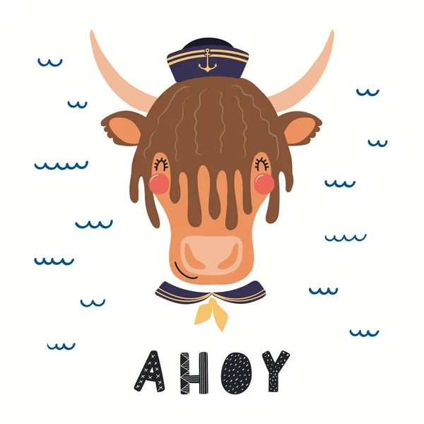 手绘的向量例证可爱的牦牛水手与海浪和字母报价阿霍伊隔离在白色背景 斯堪的纳维亚风格的平面设计 儿童打印的概念 — 图库矢量图片