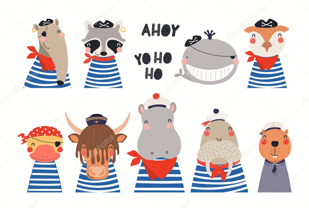 Big set of cute nautical animals in sailors and pirates costumes Isolated on white background. Hand drawn vector illustration. Scandinavian style flat design. Concept for children print.