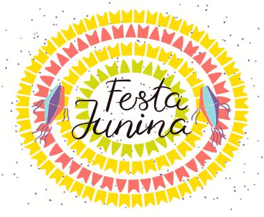 Fenerler ile Festa Junina poster ve konfeti ve Portekizce metin ile Bunting. El çizilmiş vektör çizim. Düz stil tasarımı. Brezilya Tatil afiş kavramı 