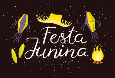 Konfeti ve Portekizce metin ile saman şapka ve fenerler ile Festa Junina poster. El çizilmiş vektör çizim. Düz stil tasarımı. Brezilya Tatil afiş kavramı 