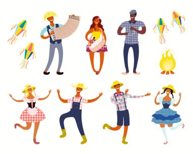 Festa Junina, Portekizli metin ile fenerler ve havai fişek ile dans eden insanlar ve müzisyenler ile ayarlayın. El çizilmiş vektör çizim. Düz stil tasarımı. Brezilya Tatil afiş kavramı 