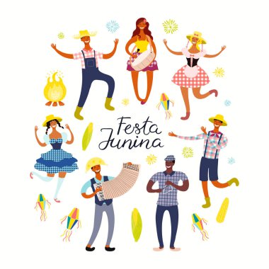 Portekizli metin ile müzisyenler ve fenerler ile dans insanlarla Festa Junina poster. El çizilmiş vektör çizim. Düz stil tasarımı. Brezilya Tatil afiş kavramı 