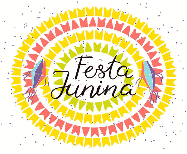 Festa Junina poster with lanterns and bunting with confetti and Portuguese text. Hand drawn vector illustration. Flat style design. Concept for Brazilian holiday banner 
