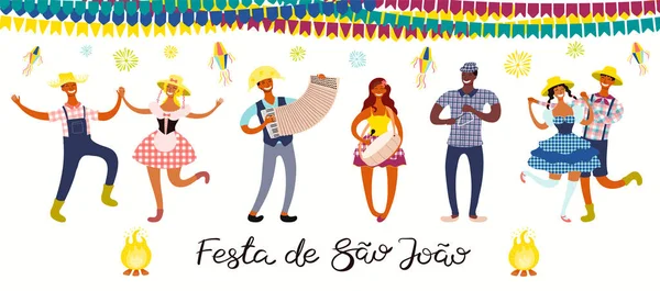 Festa Junina Banner Com Pessoas Dançantes Músicos Com Lanternas Bunting — Vetor de Stock