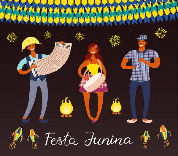 Festa Junina poster with musicians and lanterns with bunting and fireworks with Portuguese text. Hand drawn vector illustration. Flat style design. Concept for Brazilian holiday banner 