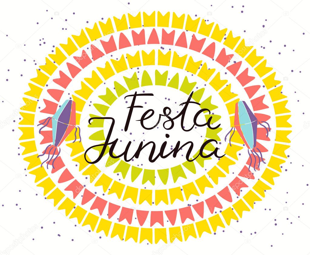 Festa Junina poster with lanterns and bunting with confetti and Portuguese text. Hand drawn vector illustration. Flat style design. Concept for Brazilian holiday banner 