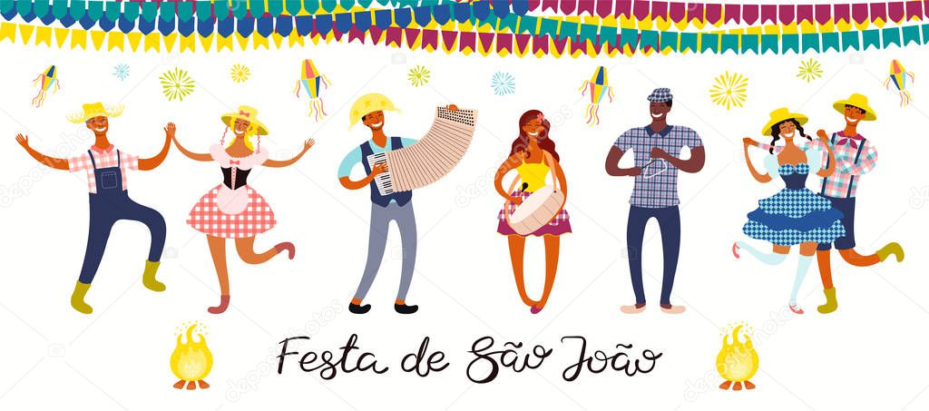 Festa Junina banner with dancing people and musicians with lanterns and bunting with fireworks and Portuguese text. Hand drawn vector illustration. Flat style design. Concept for Brazilian holiday banner 