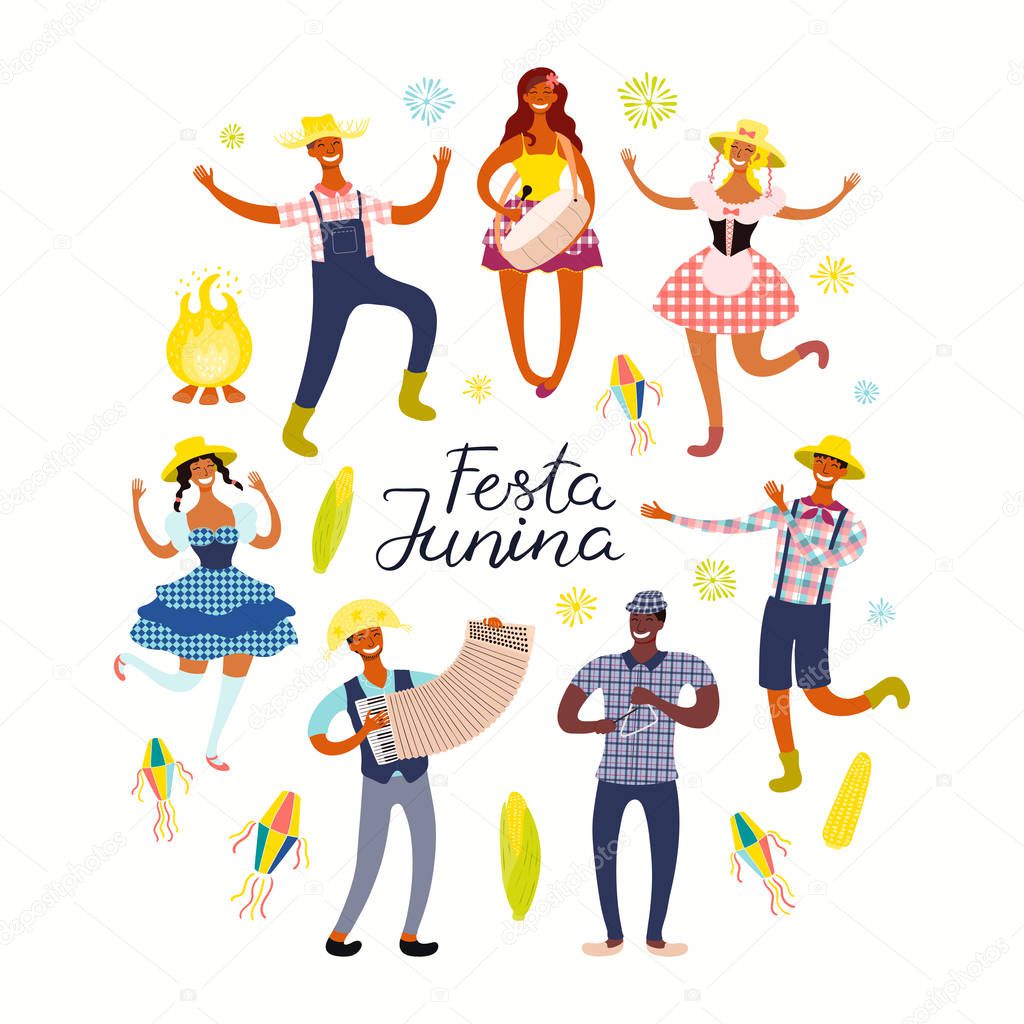 Festa Junina poster with dancing people with musicians and lanterns with Portuguese text. Hand drawn vector illustration. Flat style design. Concept for Brazilian holiday banner 