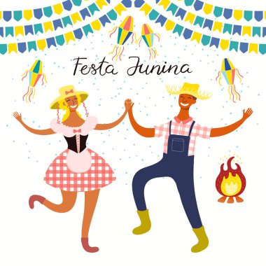 Dans çift ve Bunting ve Portekizce metin ile fenerler ile Festa Junina poster. El çizilmiş vektör çizim. Düz stil tasarımı. Brezilya Tatil afiş kavramı