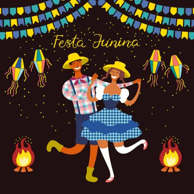 Dans çift ve Bunting ve Portekizce metin ile fenerler ile Festa Junina poster. El çizilmiş vektör çizim. Düz stil tasarımı. Brezilya Tatil afiş kavramı