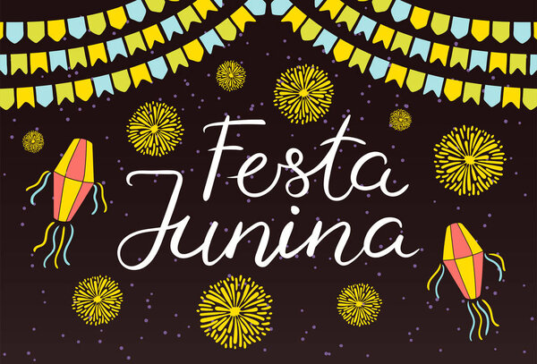 Festa Junina poster with lanterns and bunting with fireworks and confetti with Portuguese text. Hand drawn vector illustration. Flat style design. Concept for Brazilian holiday banner